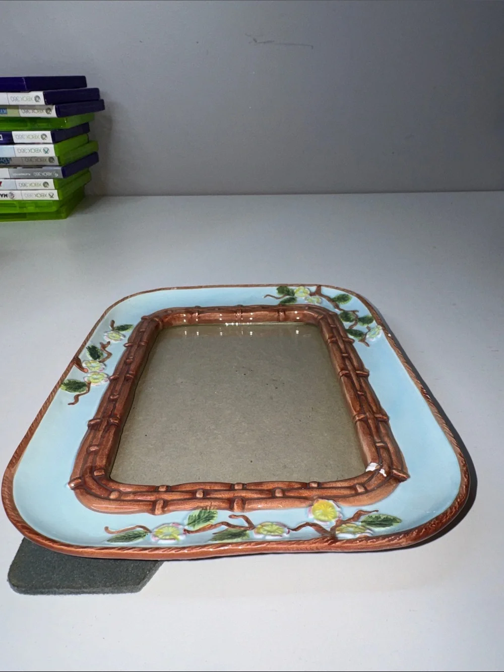 Vintage Terragrafics Ceramic Picture Frame Blue Bamboo Floral 1991 Korea